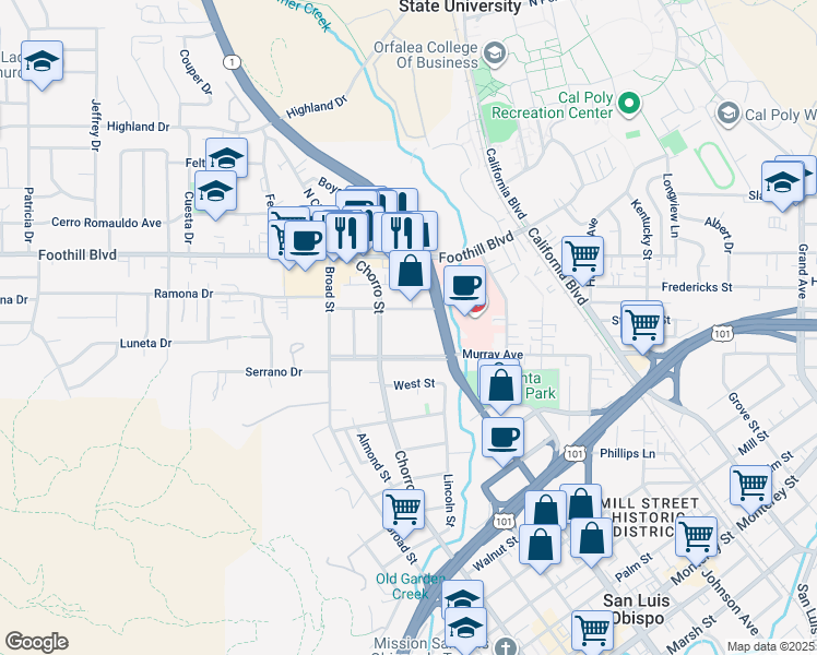 map of restaurants, bars, coffee shops, grocery stores, and more near 813 Meinecke Avenue in San Luis Obispo