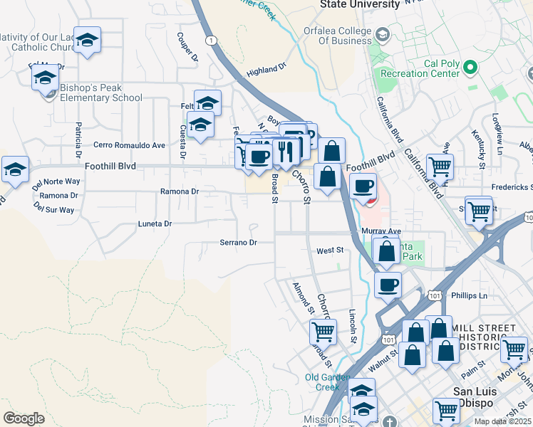 map of restaurants, bars, coffee shops, grocery stores, and more near 55 Broad Street in San Luis Obispo