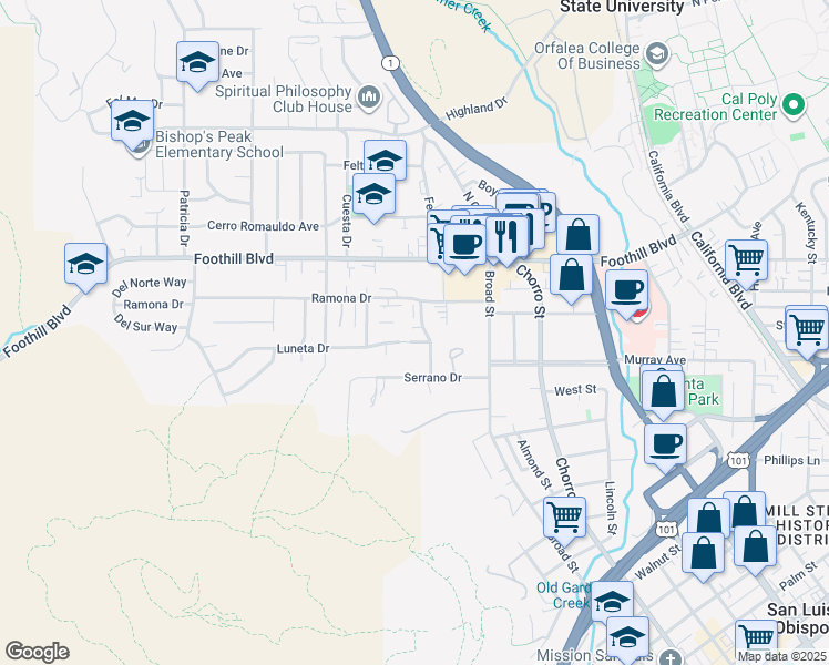 map of restaurants, bars, coffee shops, grocery stores, and more near 71 Palomar Avenue in San Luis Obispo