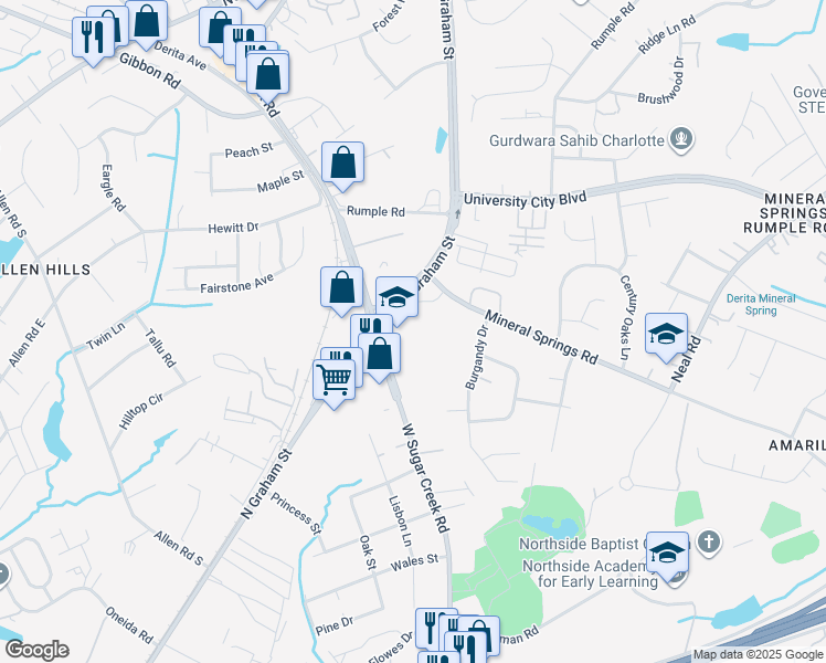 map of restaurants, bars, coffee shops, grocery stores, and more near 2022 West Sugar Creek Road in Charlotte