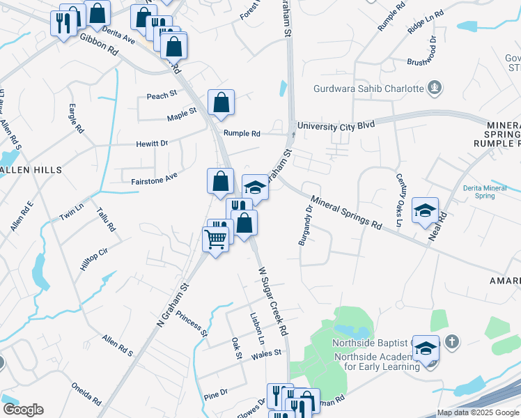 map of restaurants, bars, coffee shops, grocery stores, and more near 2030 West Sugar Creek Road in Charlotte