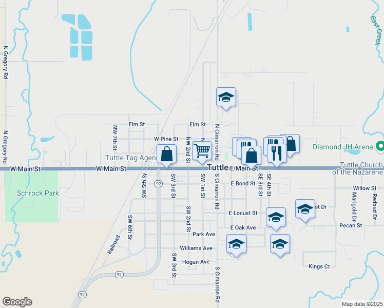 map of restaurants, bars, coffee shops, grocery stores, and more near 201 West Holly Street in Tuttle