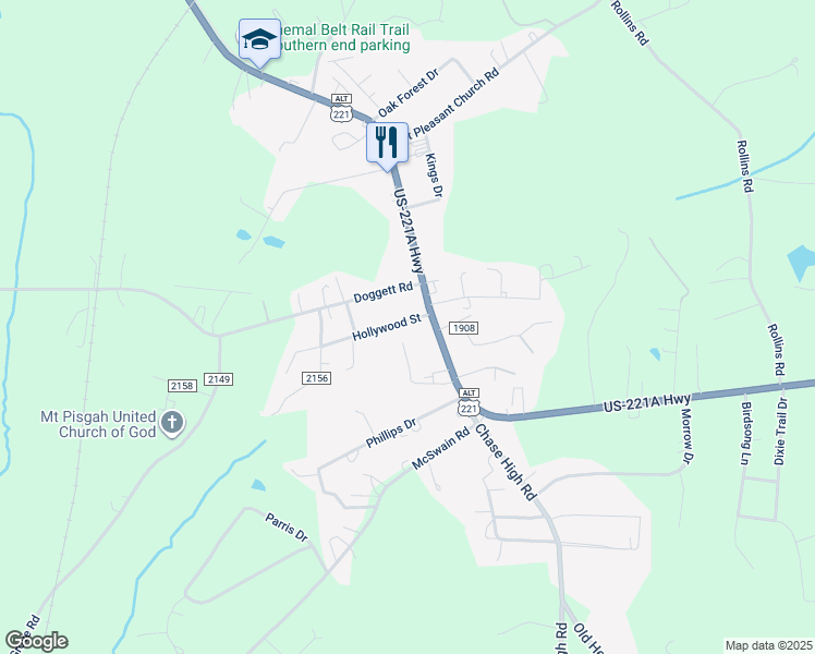 map of restaurants, bars, coffee shops, grocery stores, and more near 135 Hollywood Street in Forest City