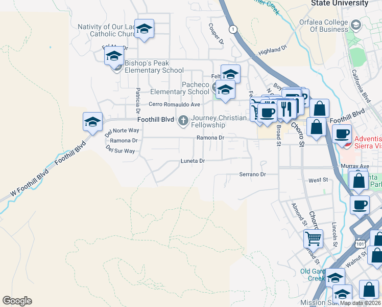 map of restaurants, bars, coffee shops, grocery stores, and more near 307 Del Mar Court in San Luis Obispo