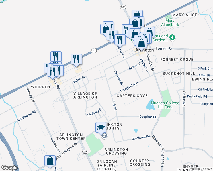 map of restaurants, bars, coffee shops, grocery stores, and more near 6075 Polk Street in Arlington