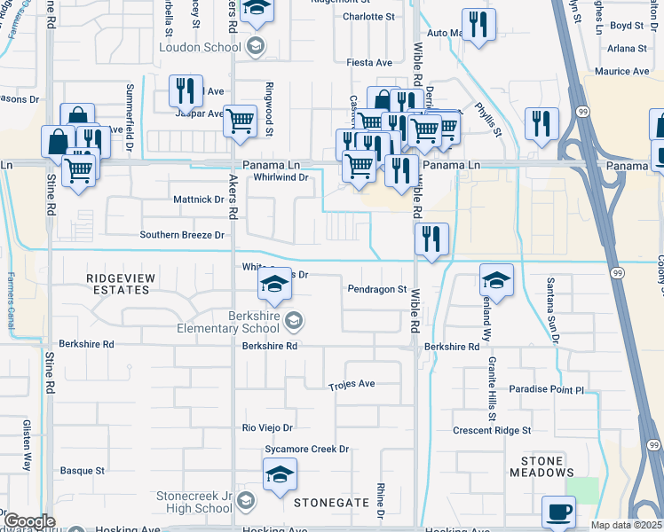 map of restaurants, bars, coffee shops, grocery stores, and more near 3614 White Sands Drive in Bakersfield