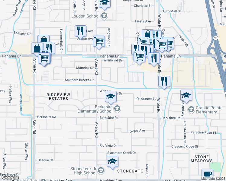 map of restaurants, bars, coffee shops, grocery stores, and more near 3920 White Sands Drive in Bakersfield