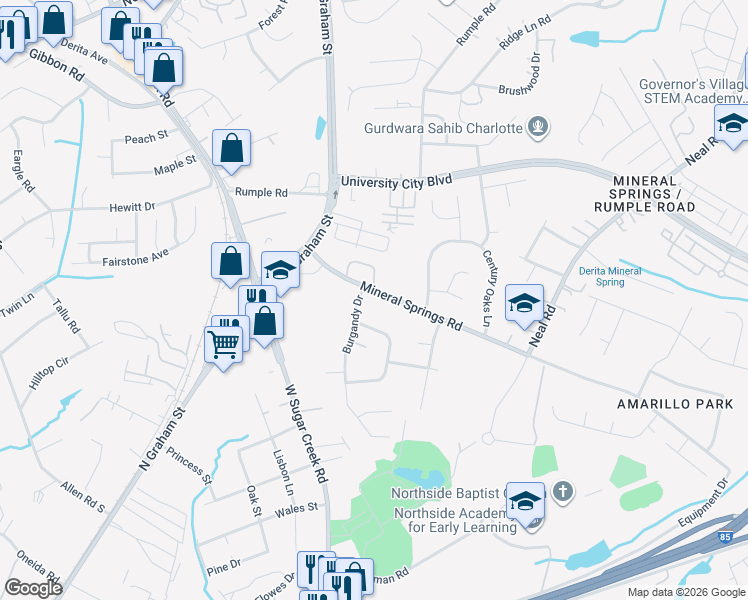 map of restaurants, bars, coffee shops, grocery stores, and more near 1727 Mineral Springs Road in Charlotte