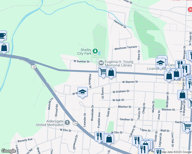map of restaurants, bars, coffee shops, grocery stores, and more near 108 Bowman Street in Shelby