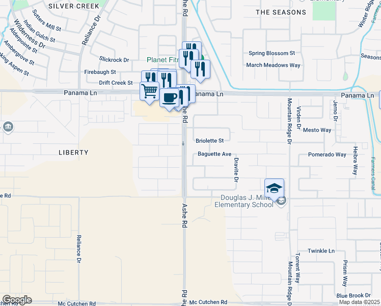 map of restaurants, bars, coffee shops, grocery stores, and more near 7001 Sparkler Way in Bakersfield