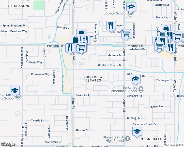 map of restaurants, bars, coffee shops, grocery stores, and more near 6911 Safflower Court in Bakersfield