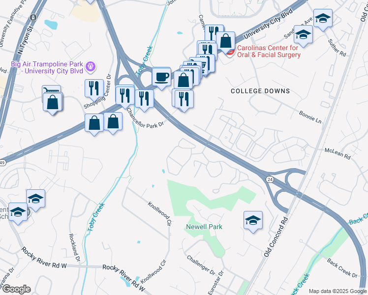 map of restaurants, bars, coffee shops, grocery stores, and more near 8304 Paces Oaks Boulevard in Charlotte