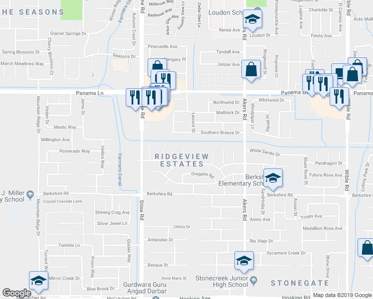 map of restaurants, bars, coffee shops, grocery stores, and more near 6910 Safflower Court in Bakersfield