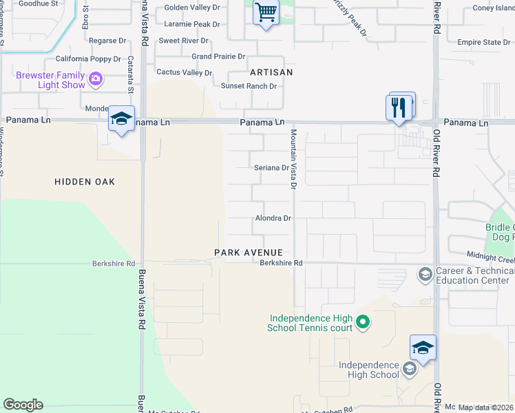 map of restaurants, bars, coffee shops, grocery stores, and more near 10711 Montemar Drive in Bakersfield
