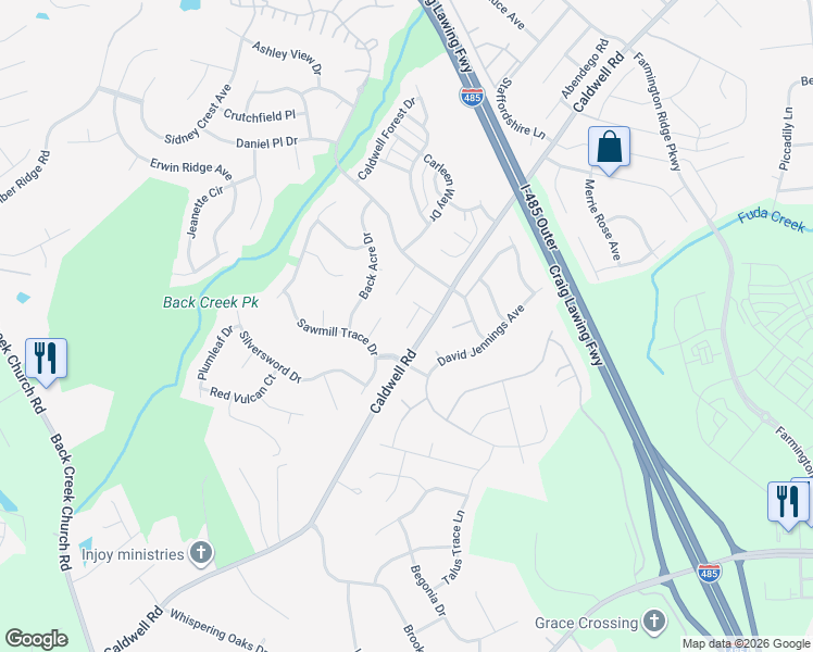 map of restaurants, bars, coffee shops, grocery stores, and more near 13311 Caldwell Road in Charlotte
