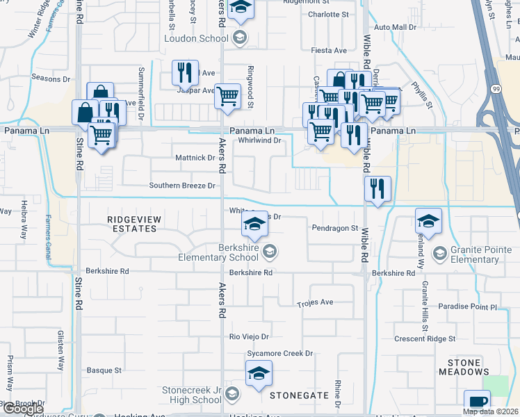 map of restaurants, bars, coffee shops, grocery stores, and more near 3920 White Sands Drive in Bakersfield