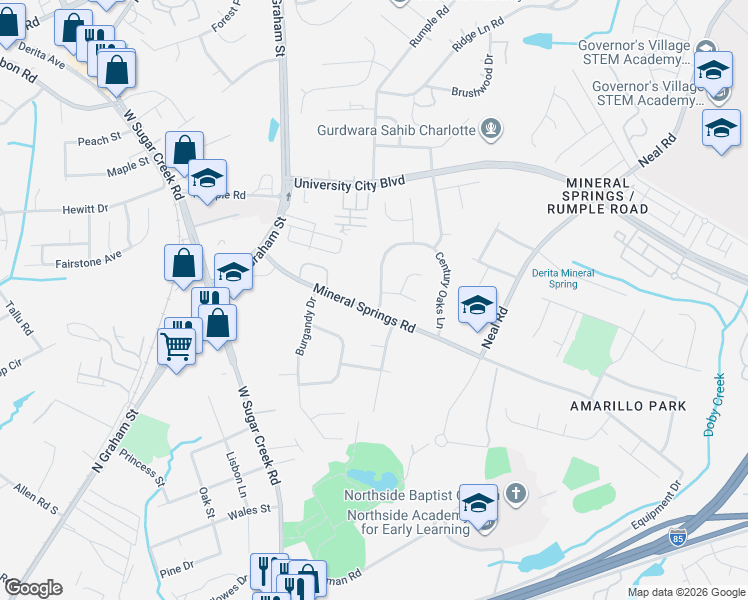 map of restaurants, bars, coffee shops, grocery stores, and more near 1600 Mineral Springs Road in Charlotte