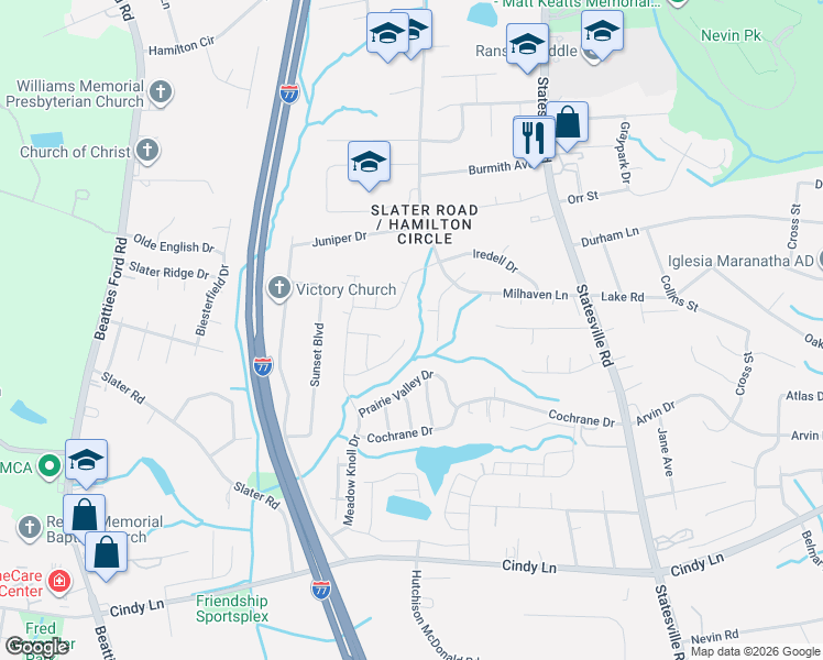 map of restaurants, bars, coffee shops, grocery stores, and more near 2645 Stream Bank Drive in Charlotte
