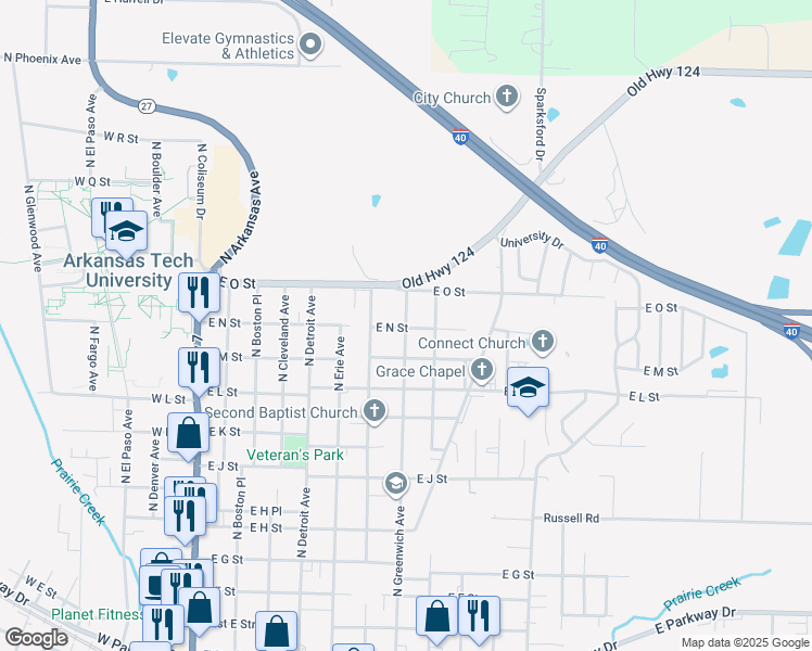 map of restaurants, bars, coffee shops, grocery stores, and more near 709 East N Street in Russellville