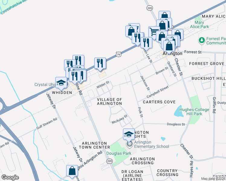 map of restaurants, bars, coffee shops, grocery stores, and more near 11779 Village Center Street in Arlington