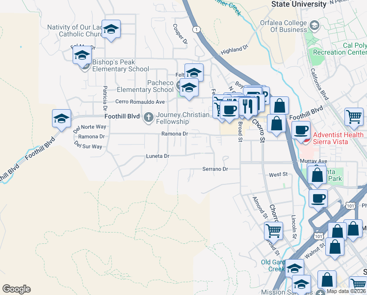 map of restaurants, bars, coffee shops, grocery stores, and more near 77 Verde Drive in San Luis Obispo