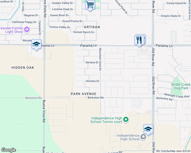 map of restaurants, bars, coffee shops, grocery stores, and more near 10515 Montemar Drive in Bakersfield