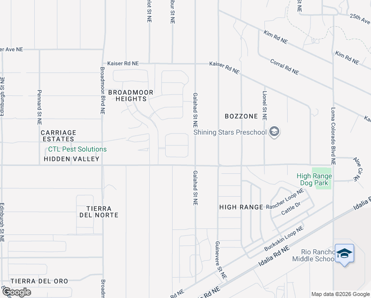 map of restaurants, bars, coffee shops, grocery stores, and more near Galahad Street Northeast in Rio Rancho