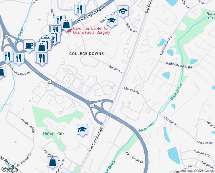 map of restaurants, bars, coffee shops, grocery stores, and more near 1311 Ivy Meadow Drive in Charlotte