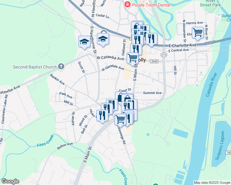 map of restaurants, bars, coffee shops, grocery stores, and more near 206 Crest Street in Mount Holly