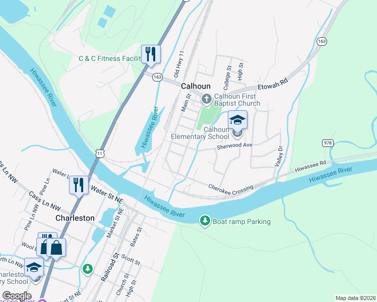map of restaurants, bars, coffee shops, grocery stores, and more near 145 Church Street in Calhoun
