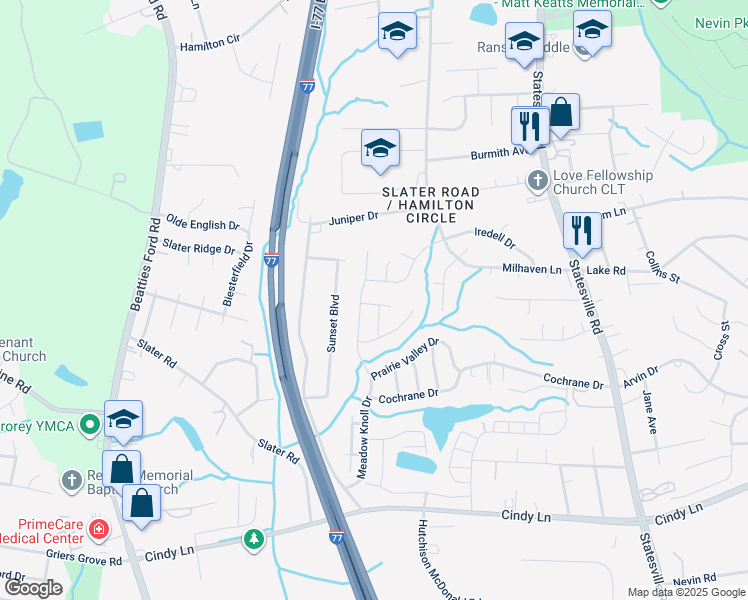map of restaurants, bars, coffee shops, grocery stores, and more near 2415 Mint Thistle Court in Charlotte