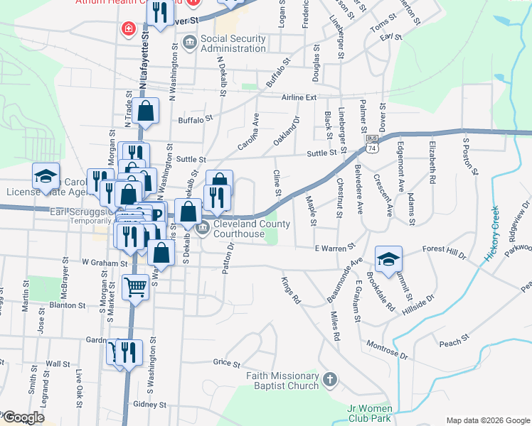 map of restaurants, bars, coffee shops, grocery stores, and more near 415 East Marion Street in Shelby