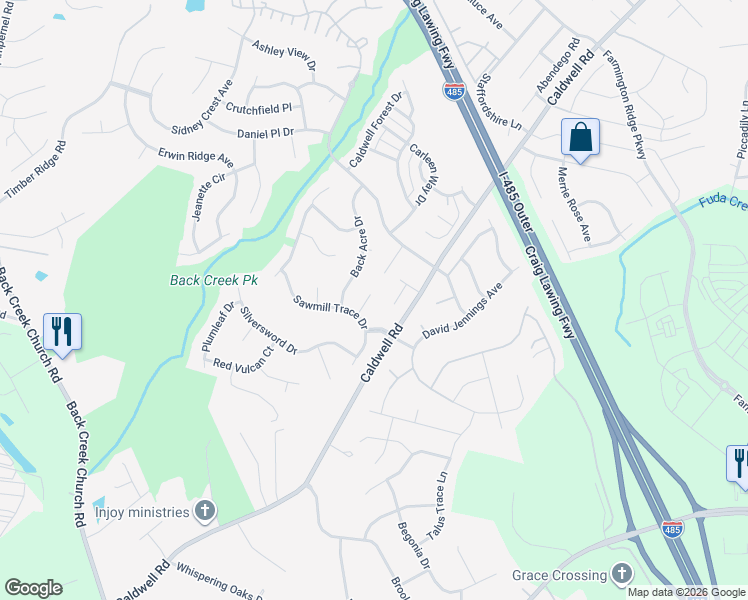 map of restaurants, bars, coffee shops, grocery stores, and more near 13228 White Moon Court in Charlotte