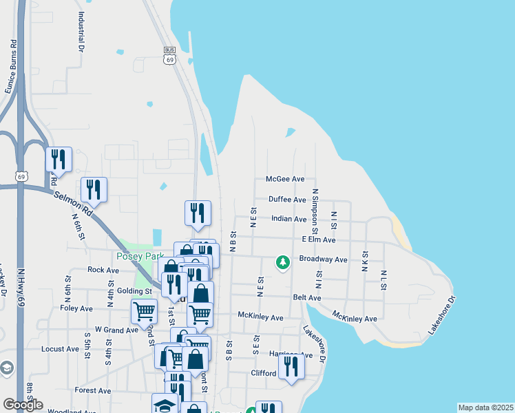 map of restaurants, bars, coffee shops, grocery stores, and more near 608 North E Street in Eufaula