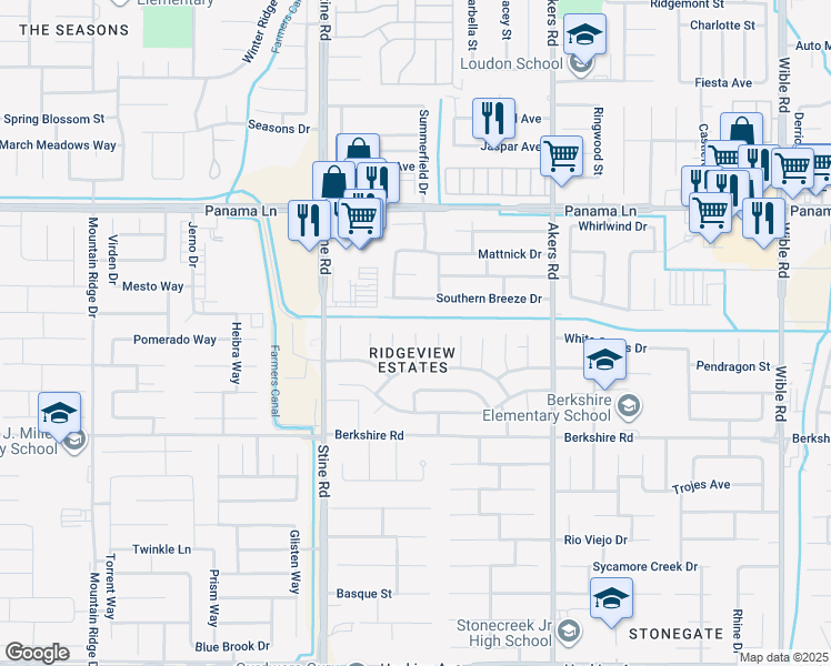 map of restaurants, bars, coffee shops, grocery stores, and more near 6910 Safflower Court in Bakersfield
