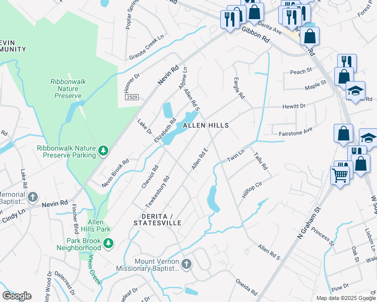 map of restaurants, bars, coffee shops, grocery stores, and more near 5230 Manning Road in Charlotte