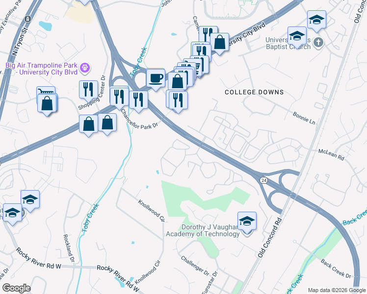 map of restaurants, bars, coffee shops, grocery stores, and more near 8304 Paces Oaks Blvd in Charlotte