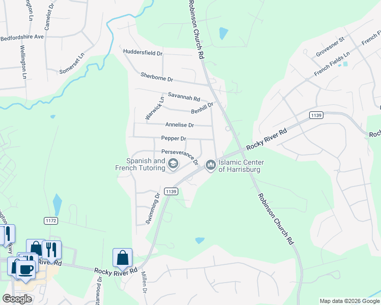 map of restaurants, bars, coffee shops, grocery stores, and more near 8868 Happiness Road in Charlotte