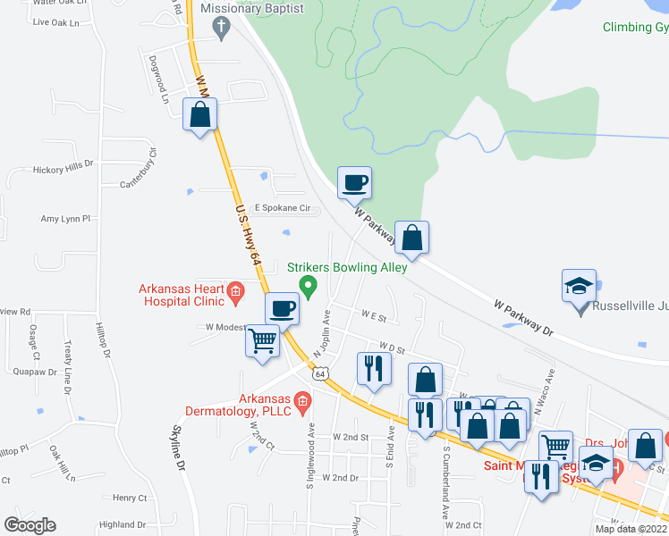 map of restaurants, bars, coffee shops, grocery stores, and more near 408 North Joplin Place in Russellville