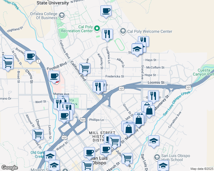 map of restaurants, bars, coffee shops, grocery stores, and more near 1369 Stafford Street in San Luis Obispo