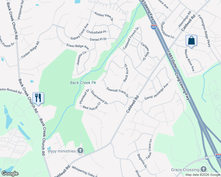 map of restaurants, bars, coffee shops, grocery stores, and more near 4105 Sawmill Trace Drive in Charlotte