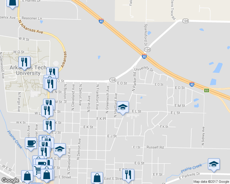 map of restaurants, bars, coffee shops, grocery stores, and more near 709 E N St in Russellville