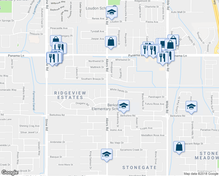 map of restaurants, bars, coffee shops, grocery stores, and more near 6906 Akers Road in Bakersfield