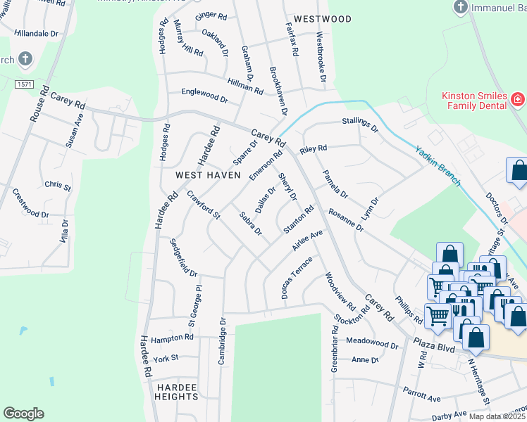 map of restaurants, bars, coffee shops, grocery stores, and more near 2105 Dallas Drive in Kinston