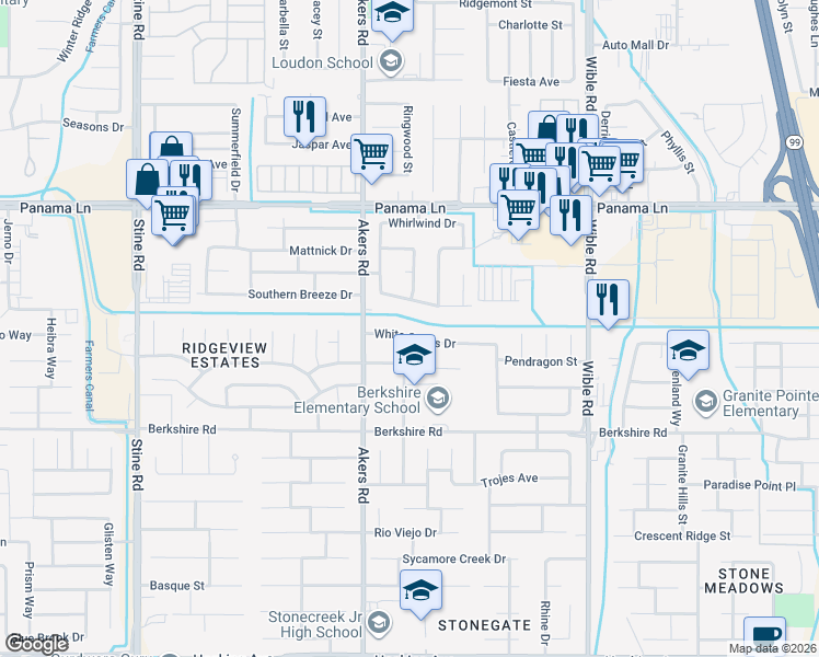 map of restaurants, bars, coffee shops, grocery stores, and more near 3920 White Sands Drive in Bakersfield