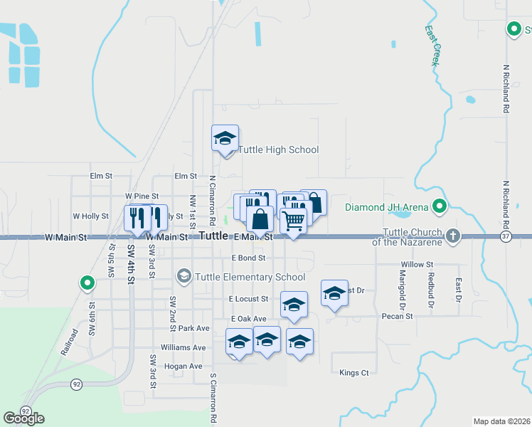map of restaurants, bars, coffee shops, grocery stores, and more near 216 Gath Drive in Tuttle