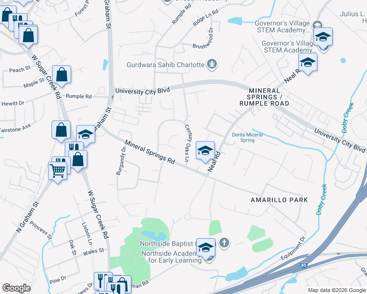 map of restaurants, bars, coffee shops, grocery stores, and more near 2600 Century Oaks Lane in Charlotte