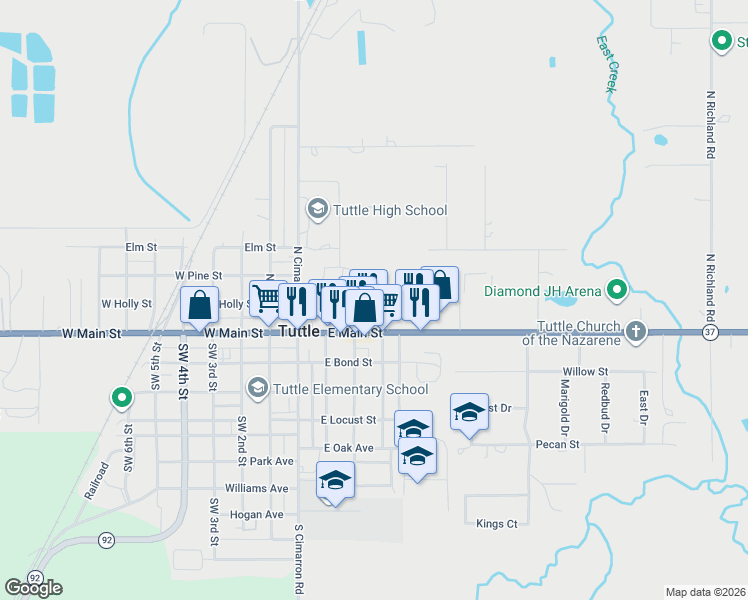map of restaurants, bars, coffee shops, grocery stores, and more near 216 Gath Drive in Tuttle