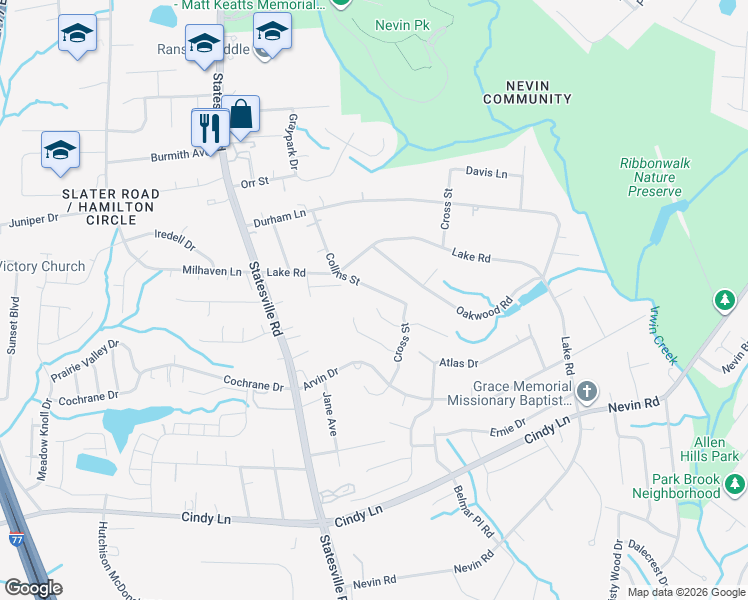 map of restaurants, bars, coffee shops, grocery stores, and more near 4239 Red Shed Lane in Charlotte