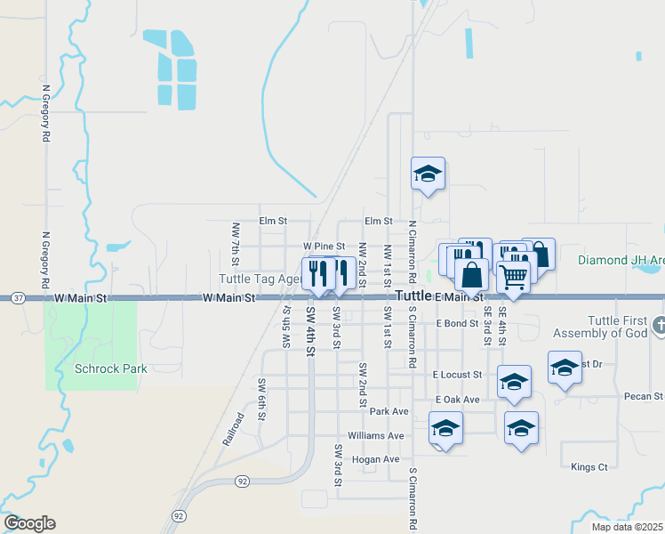 map of restaurants, bars, coffee shops, grocery stores, and more near 101 Northwest 3rd Street in Tuttle